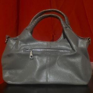 Gray Leather Shoulder Bag with Front Zip Pocket